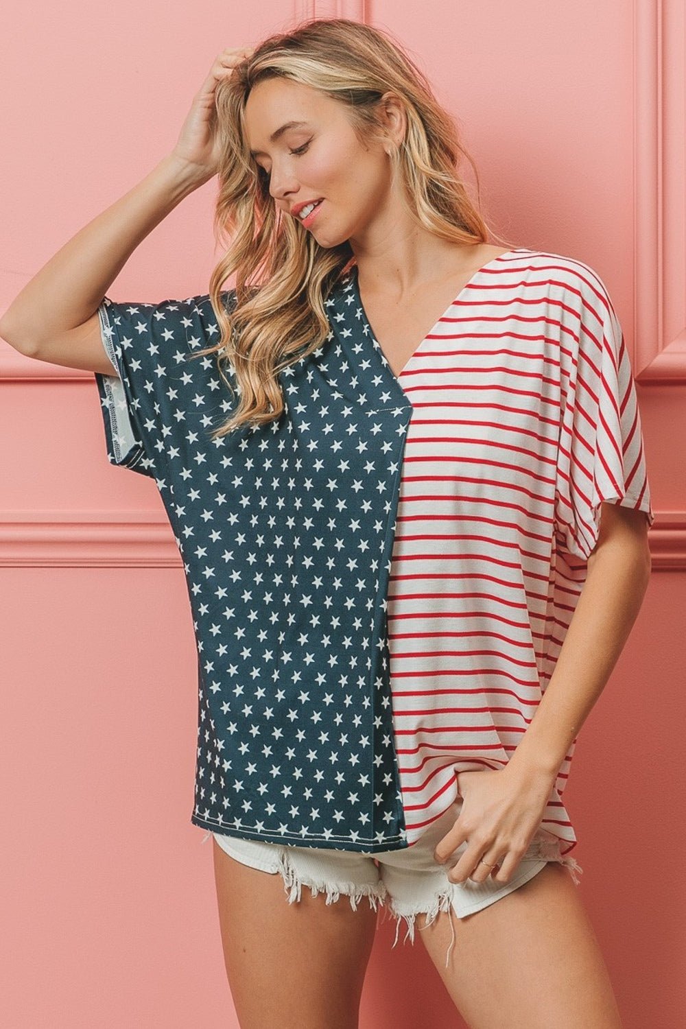 BiBi US Flag Themed Color Block Short Sleeve T - Shirt - Admiresty