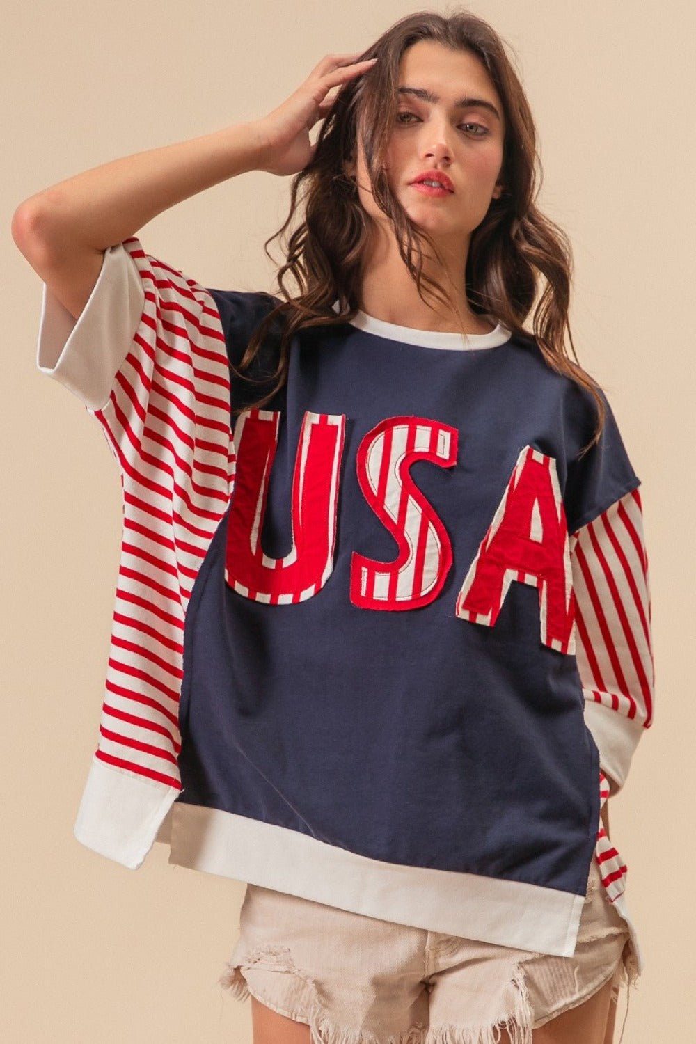 BiBi USA Letter Patchwork Contrast Short Sleeve T - Shirt - Admiresty