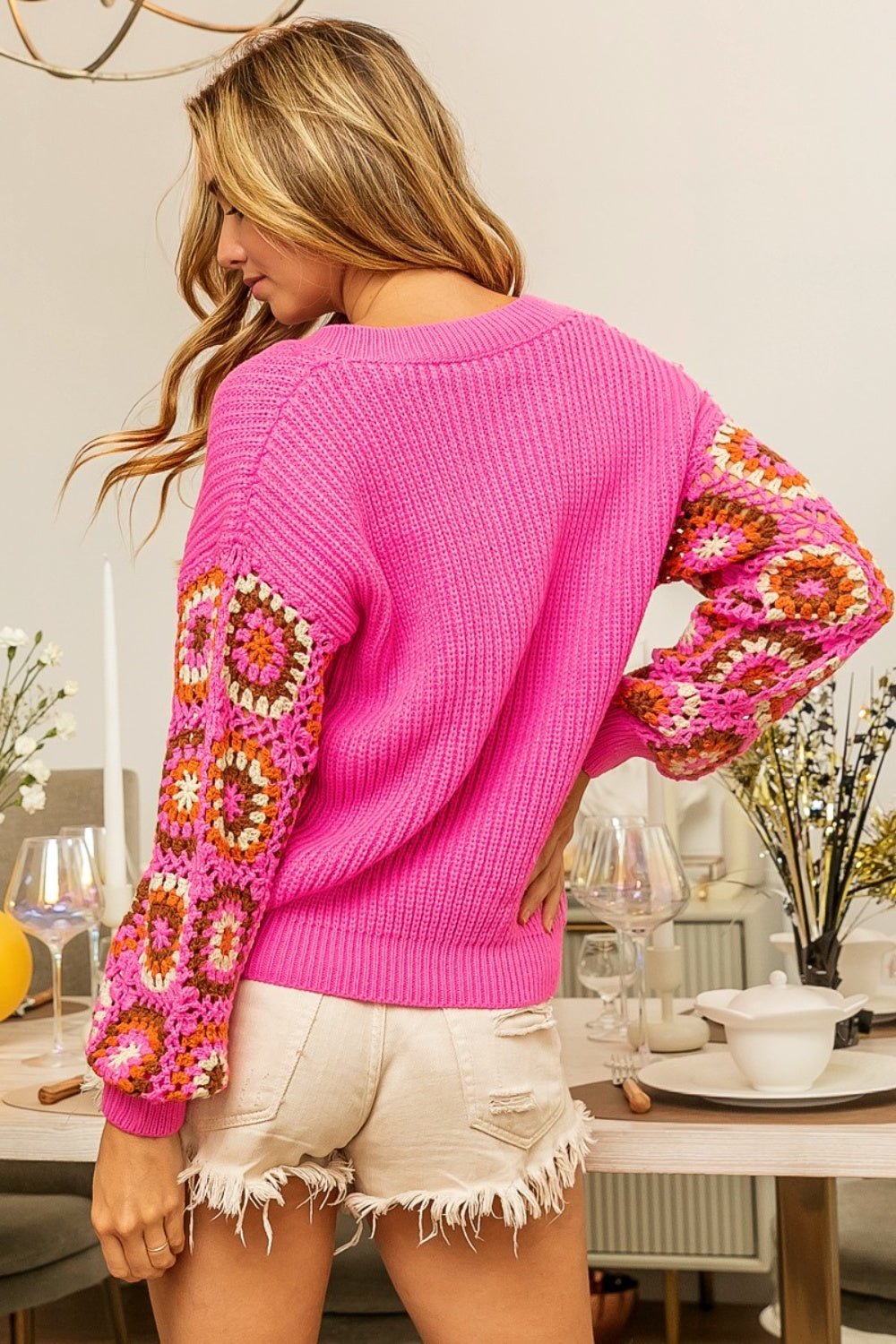 BiBi V - Neck Crochet Long Sleeve Sweater - Admiresty