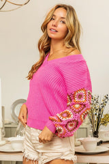 BiBi V - Neck Crochet Long Sleeve Sweater - Admiresty