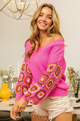 BiBi V - Neck Crochet Long Sleeve Sweater - Admiresty