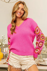 BiBi V - Neck Crochet Long Sleeve Sweater - Admiresty