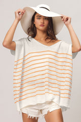 BiBi V Neck Striped Short Sleeve Top - Admiresty