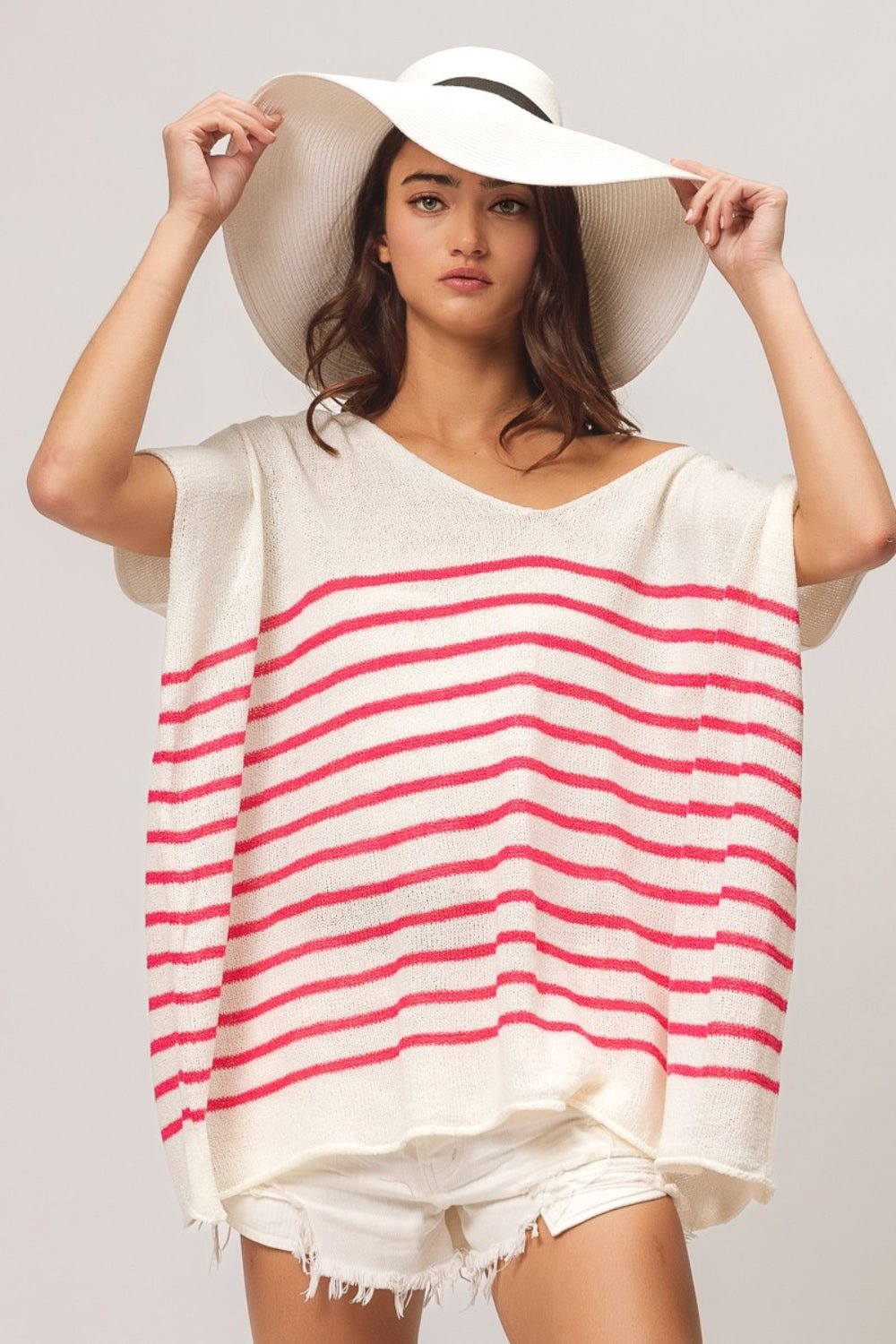 BiBi V Neck Striped Short Sleeve Top - Admiresty