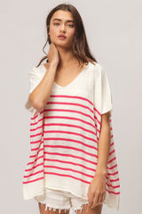 BiBi V Neck Striped Short Sleeve Top - Admiresty