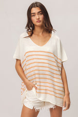 BiBi V Neck Striped Short Sleeve Top - Admiresty