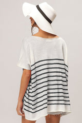 BiBi V Neck Striped Short Sleeve Top - Admiresty