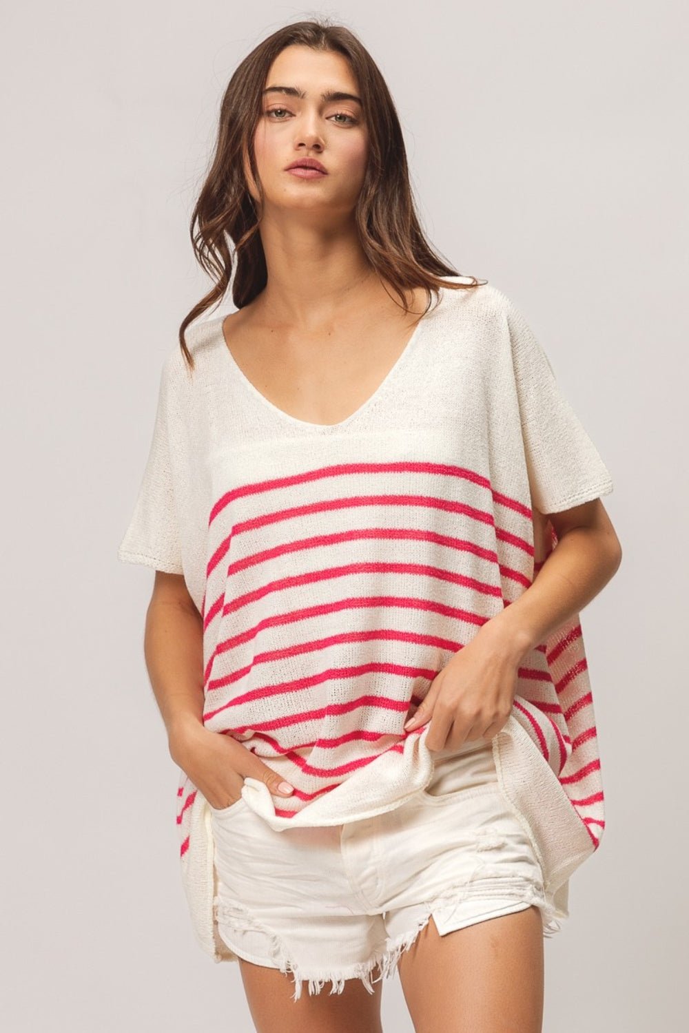 BiBi V Neck Striped Short Sleeve Top - Admiresty