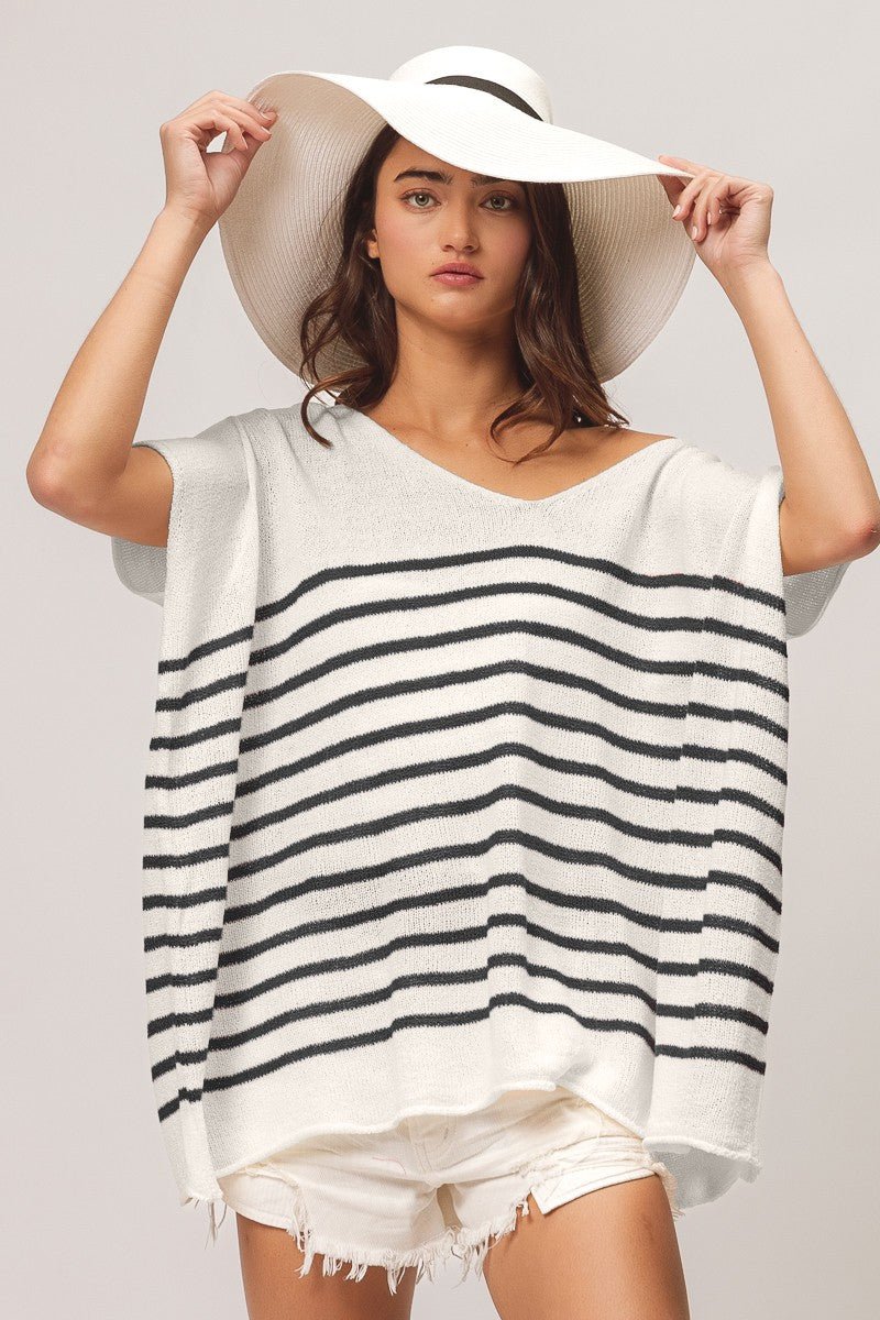 BiBi V Neck Striped Short Sleeve Top - Admiresty