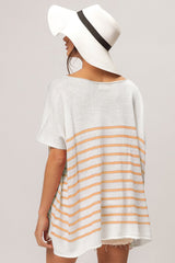 BiBi V Neck Striped Short Sleeve Top - Admiresty