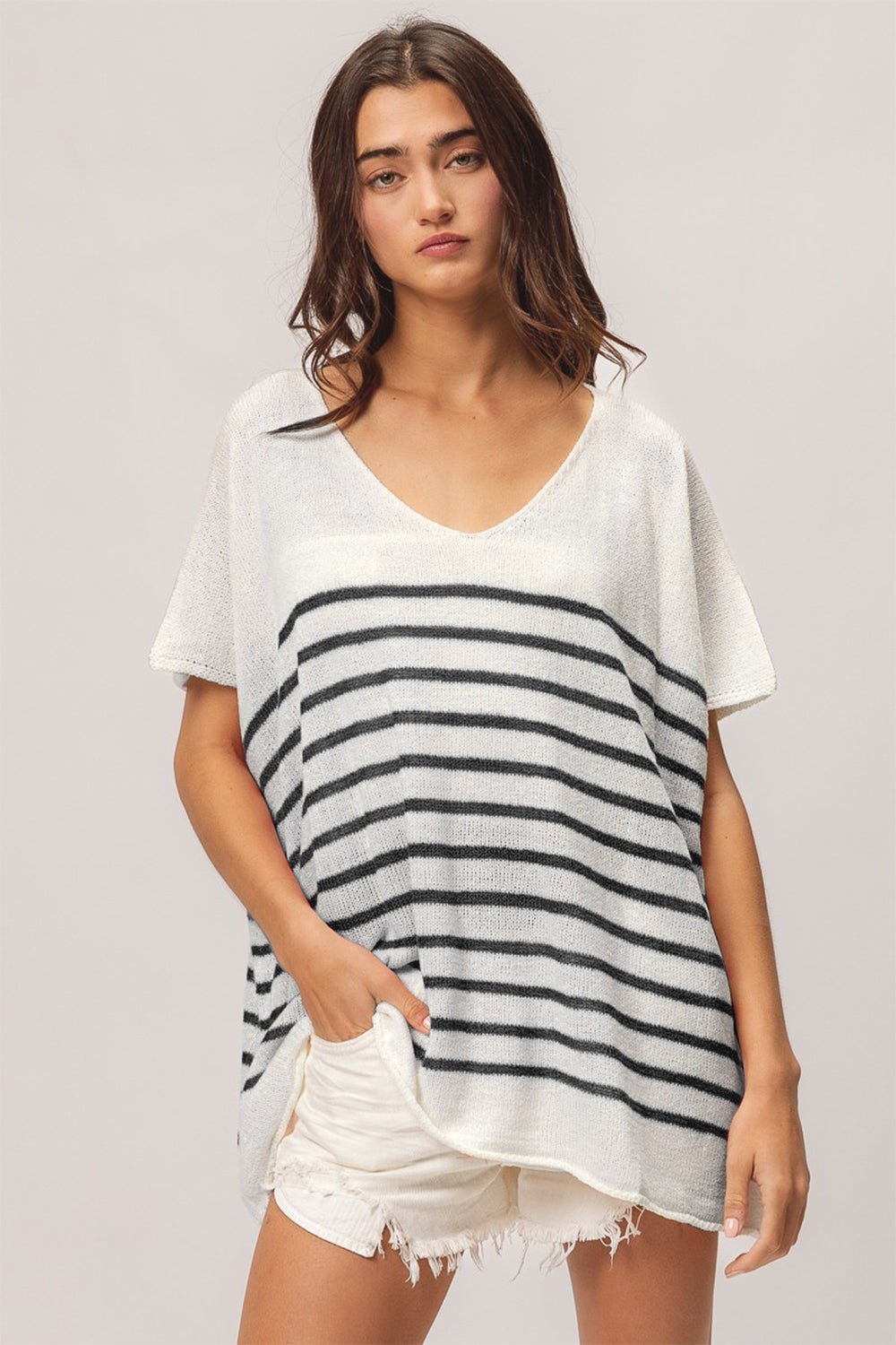 BiBi V Neck Striped Short Sleeve Top - Admiresty