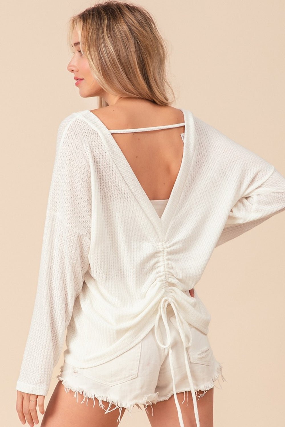 BiBi Waffled Backless Drawstring T - Shirt - Admiresty