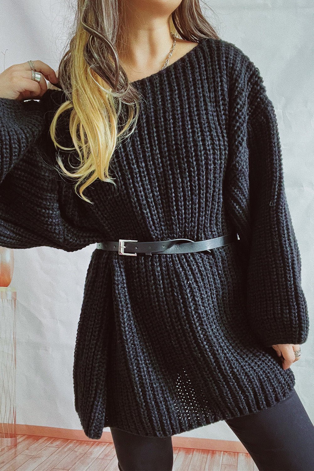 Boat Neck Dropped Shoulder Mini Sweater Dress - Admiresty