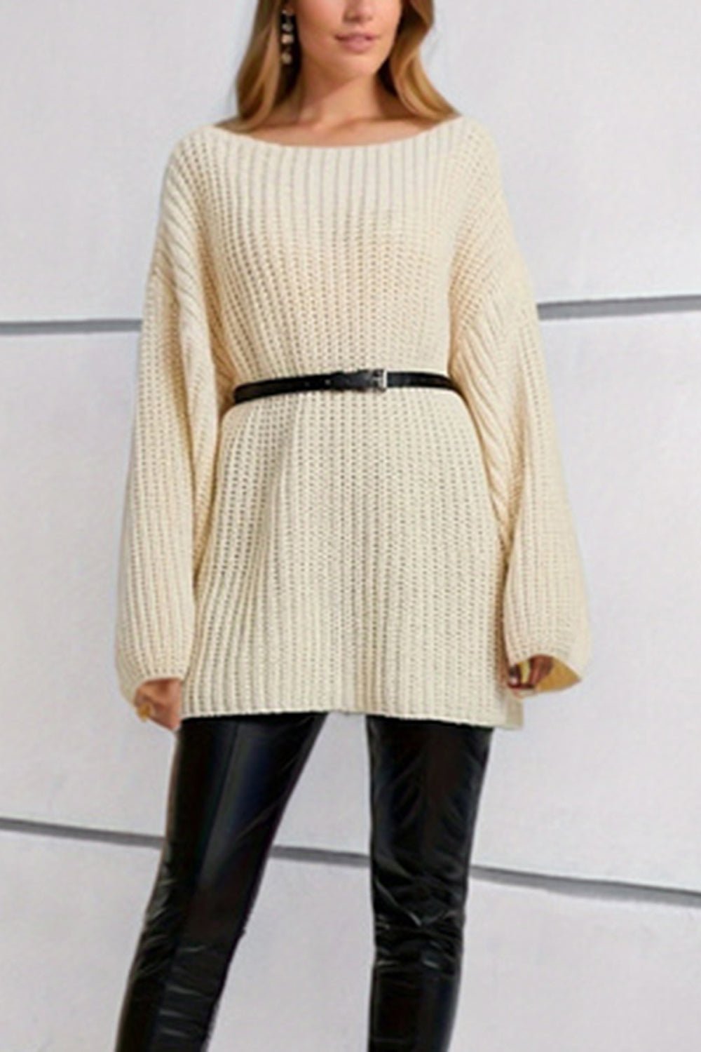 Boat Neck Dropped Shoulder Mini Sweater Dress - Admiresty