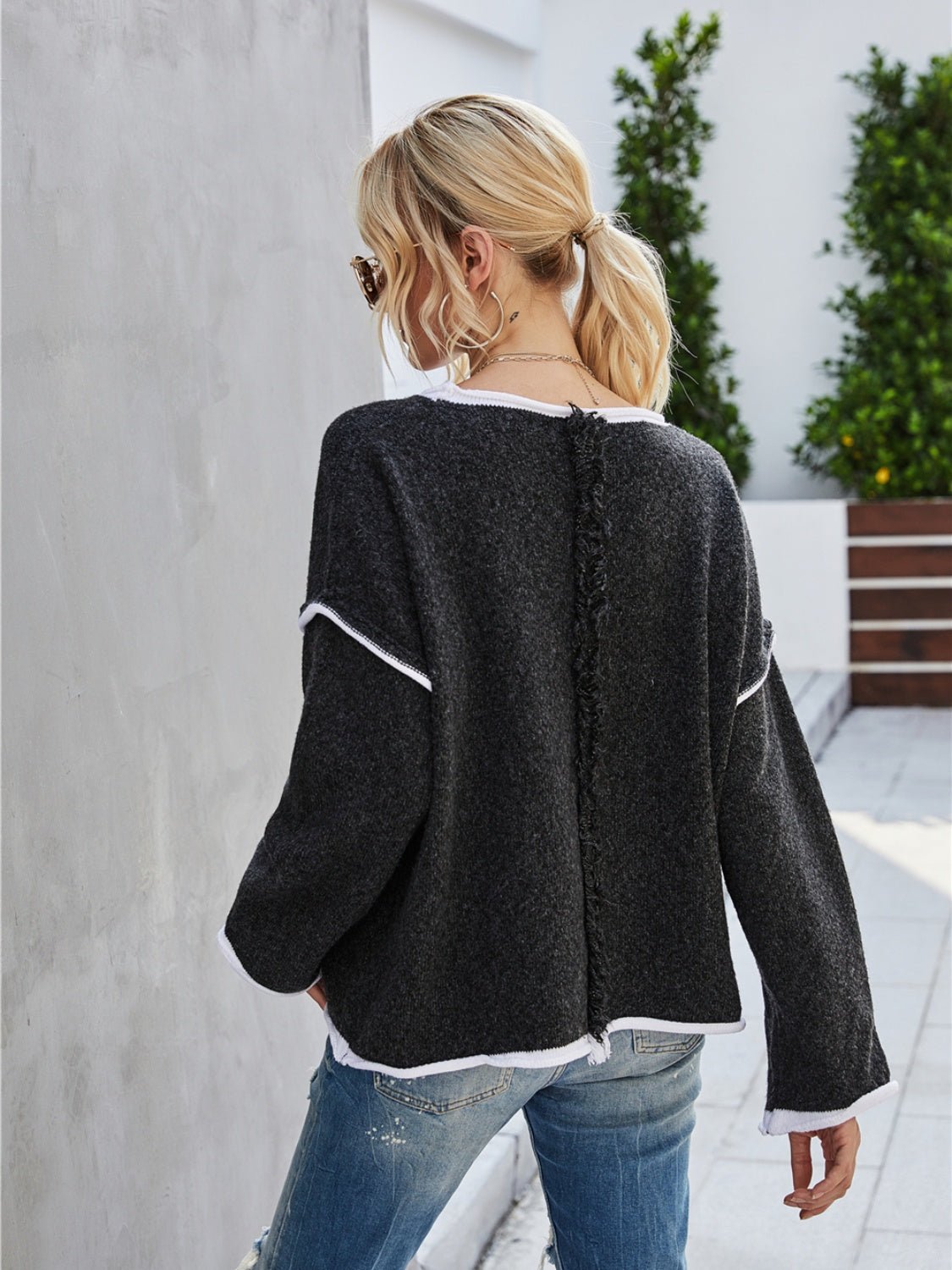 Boat Neck Dropped Shoulder Sweater - Admiresty