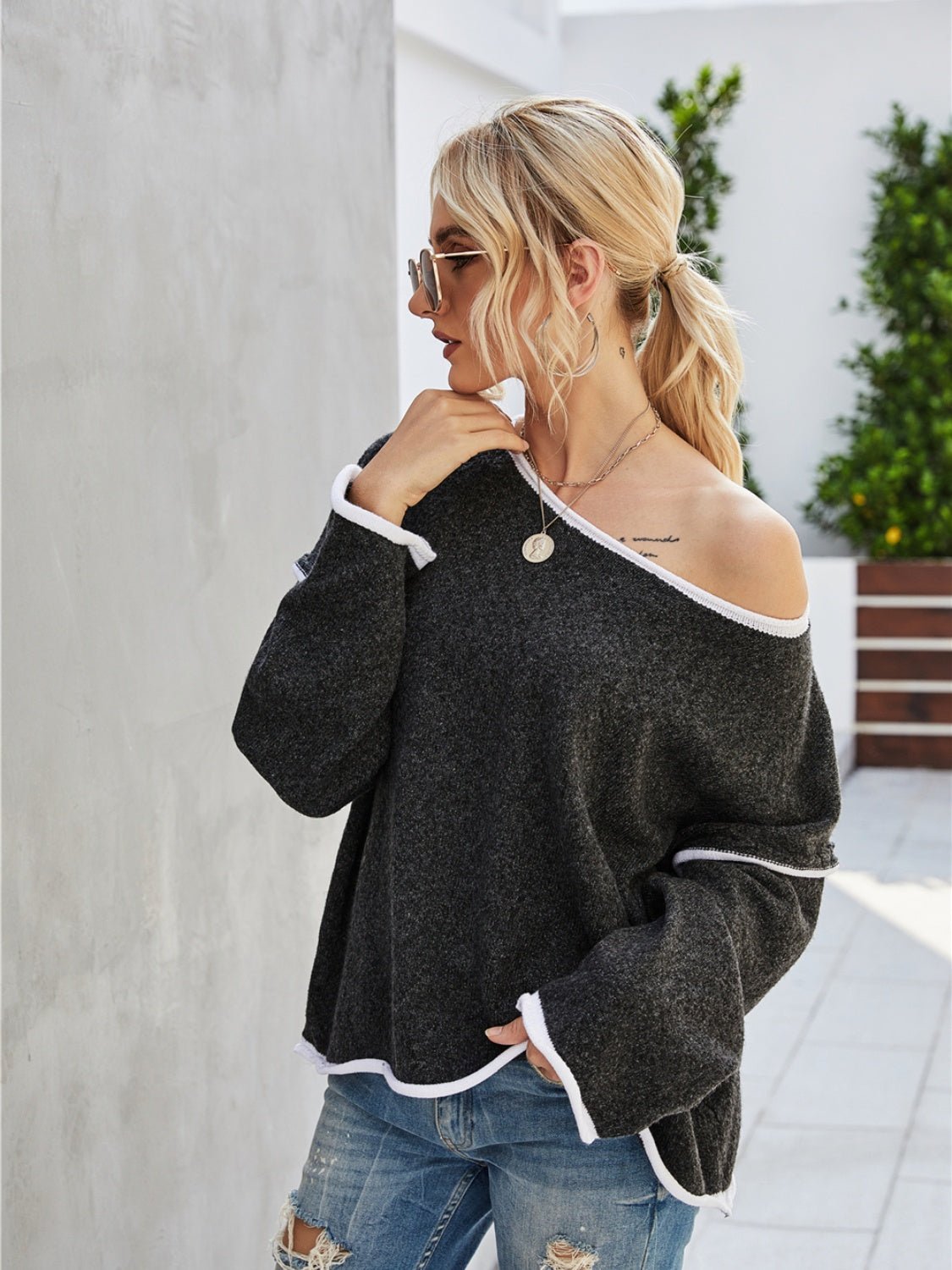 Boat Neck Dropped Shoulder Sweater - Admiresty