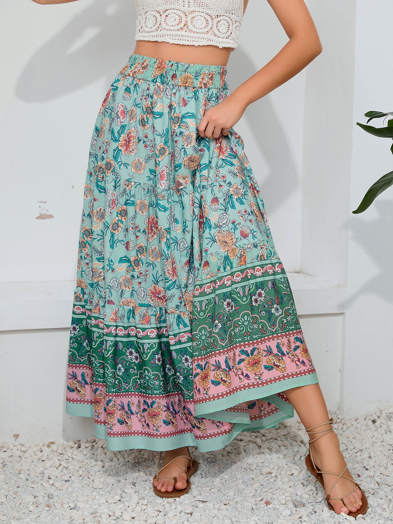 Bohemian Print Smocked Waist Maxi Skirt - Admiresty