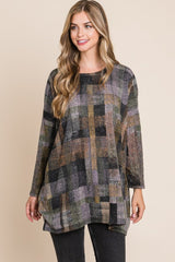 BOMBOM Plaid Round Neck Long Sleeve Top - Admiresty