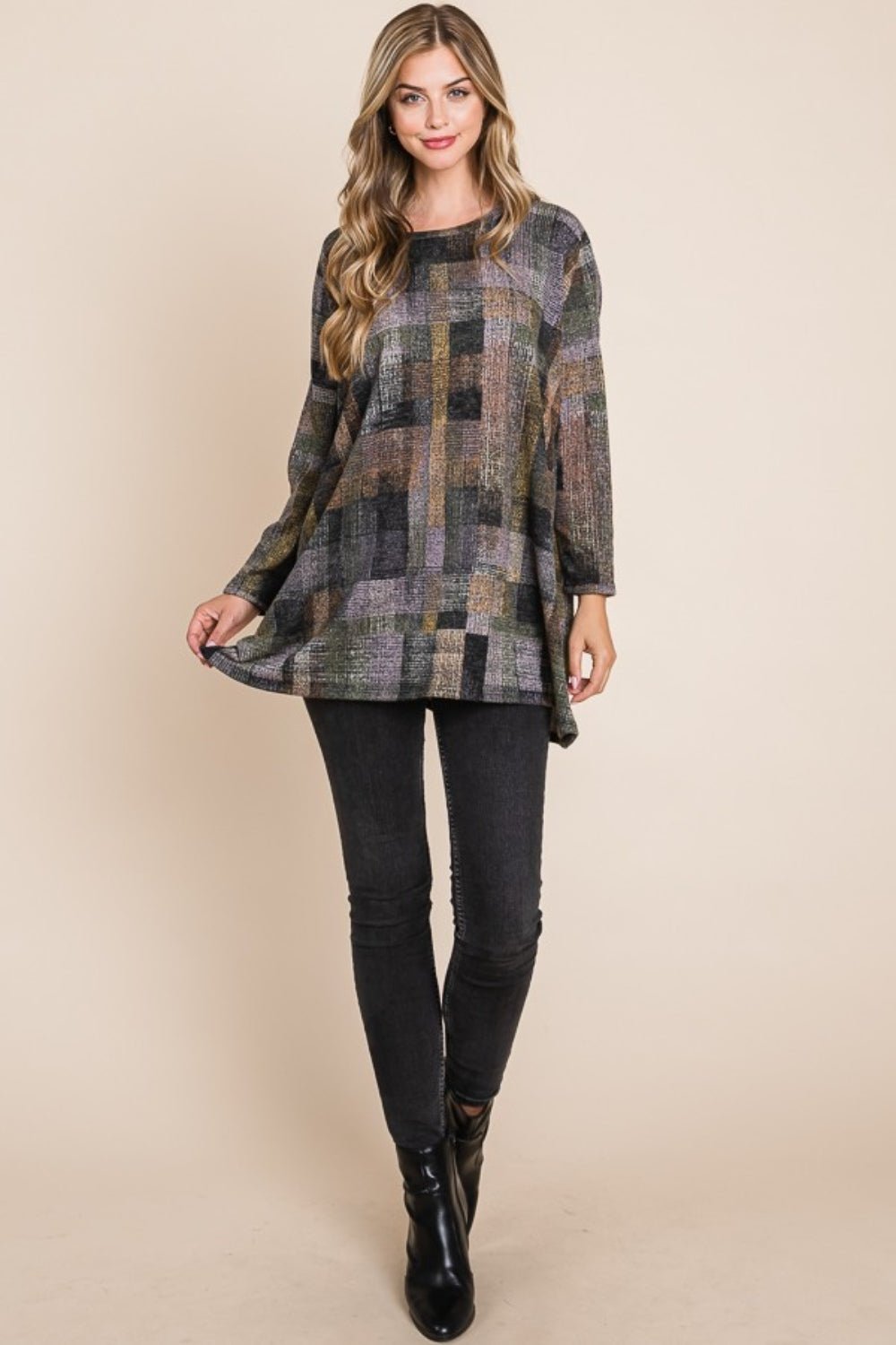 BOMBOM Plaid Round Neck Long Sleeve Top - Admiresty