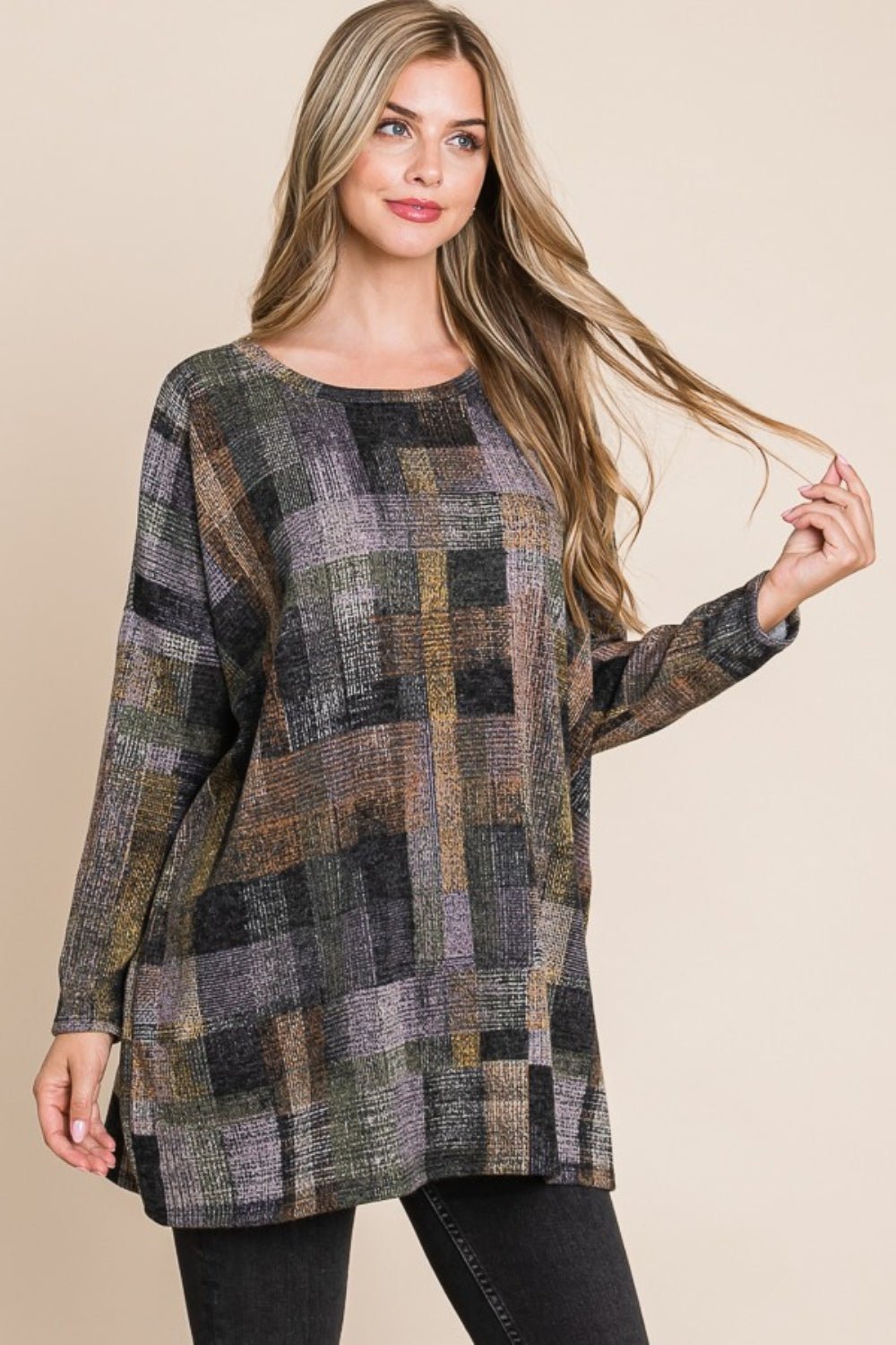 BOMBOM Plaid Round Neck Long Sleeve Top - Admiresty