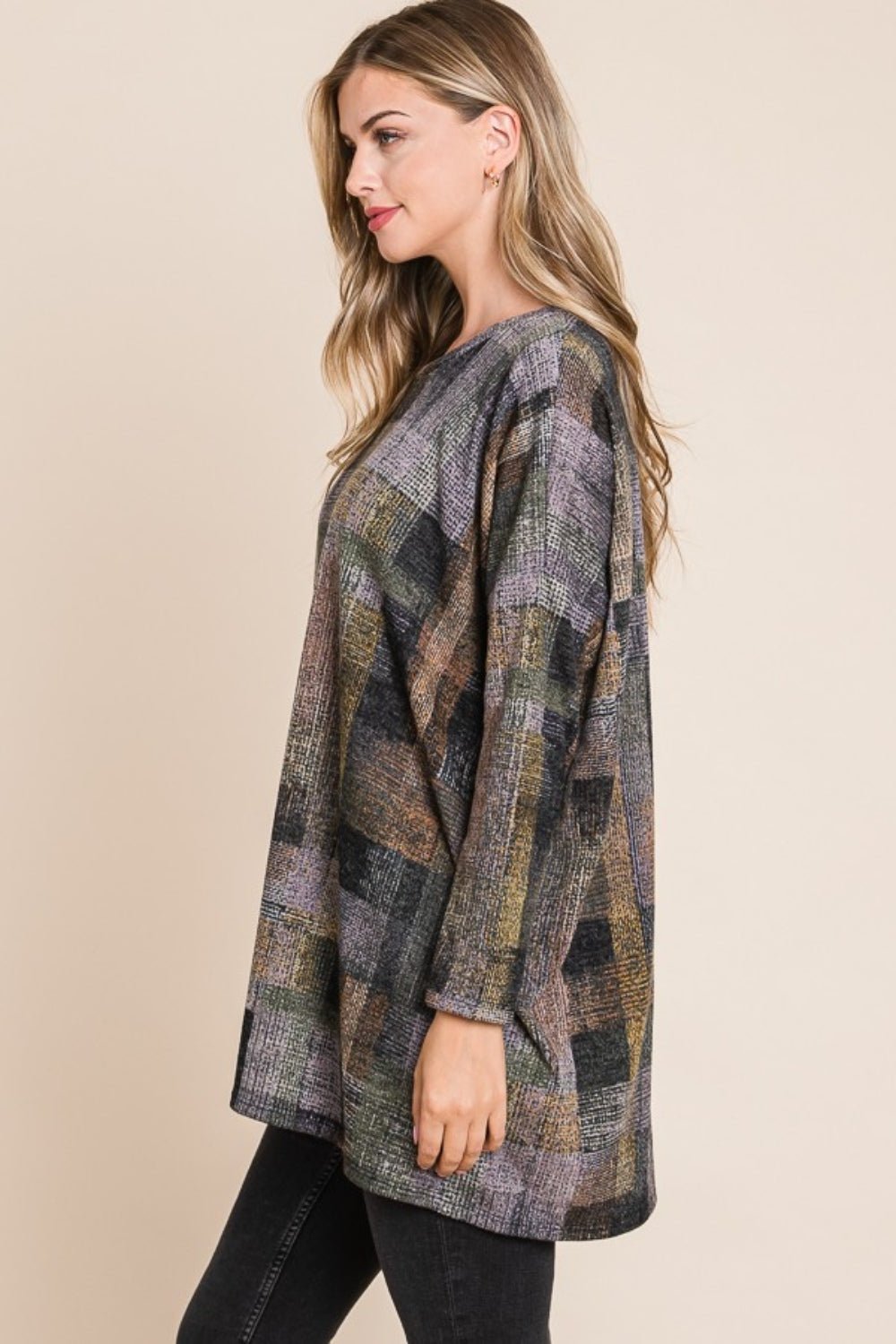 BOMBOM Plaid Round Neck Long Sleeve Top - Admiresty