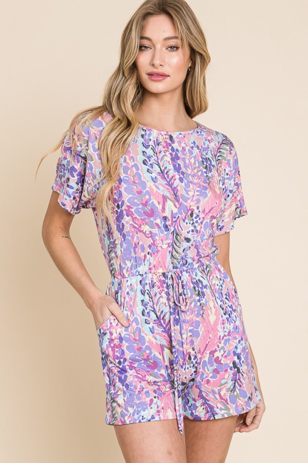 BOMBOM Print Short Sleeve Romper with Pockets - Admiresty