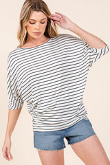 BOMBOM Striped Boat Neck Dolman Sleeve Top - Admiresty