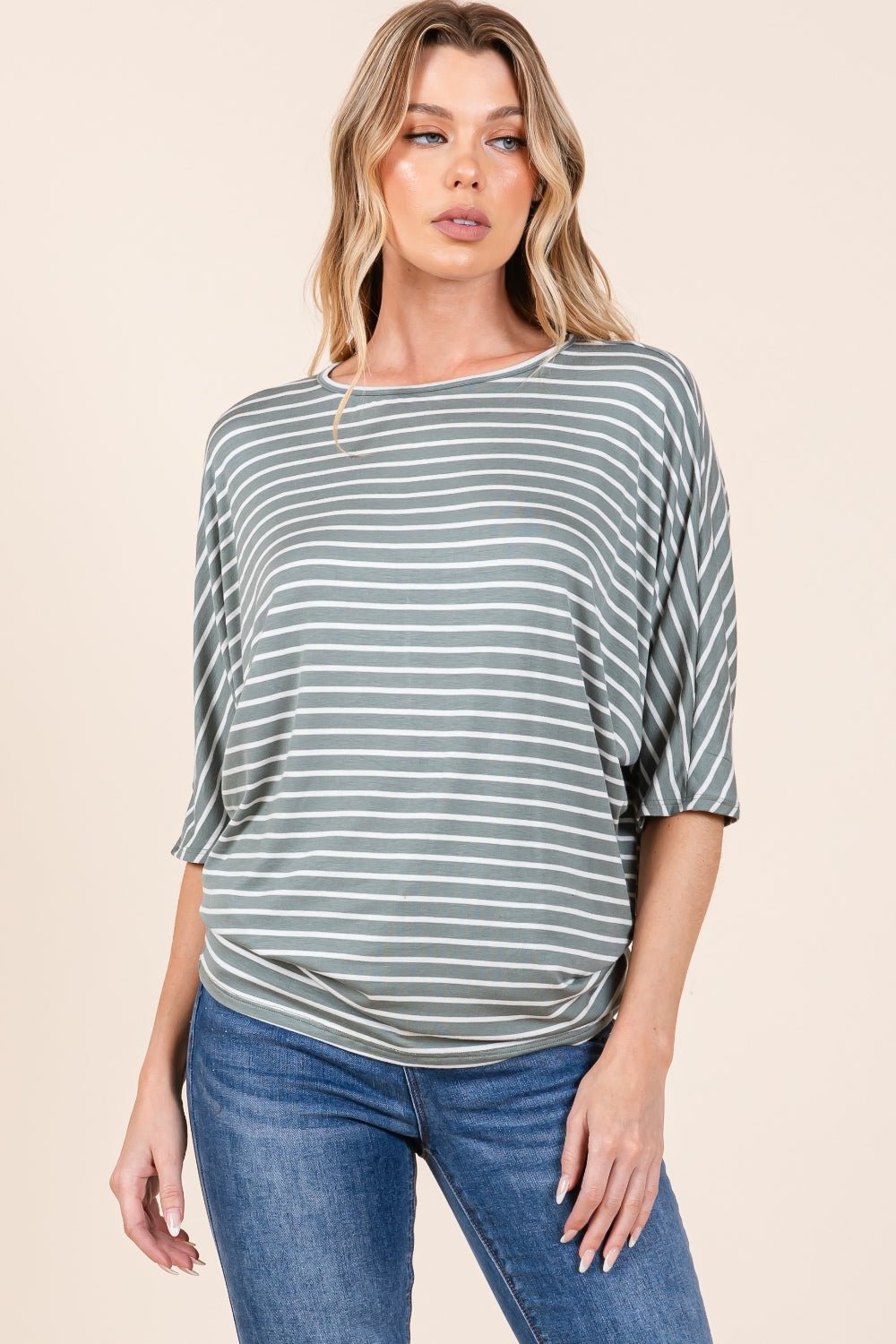 BOMBOM Striped Boat Neck Dolman Sleeve Top - Admiresty