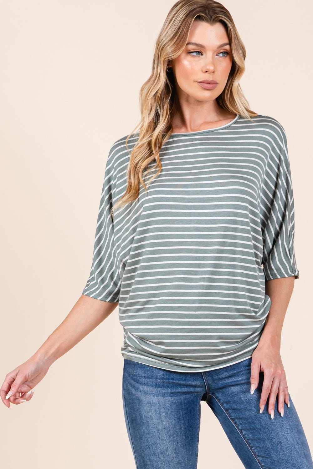 BOMBOM Striped Boat Neck Dolman Sleeve Top - Admiresty