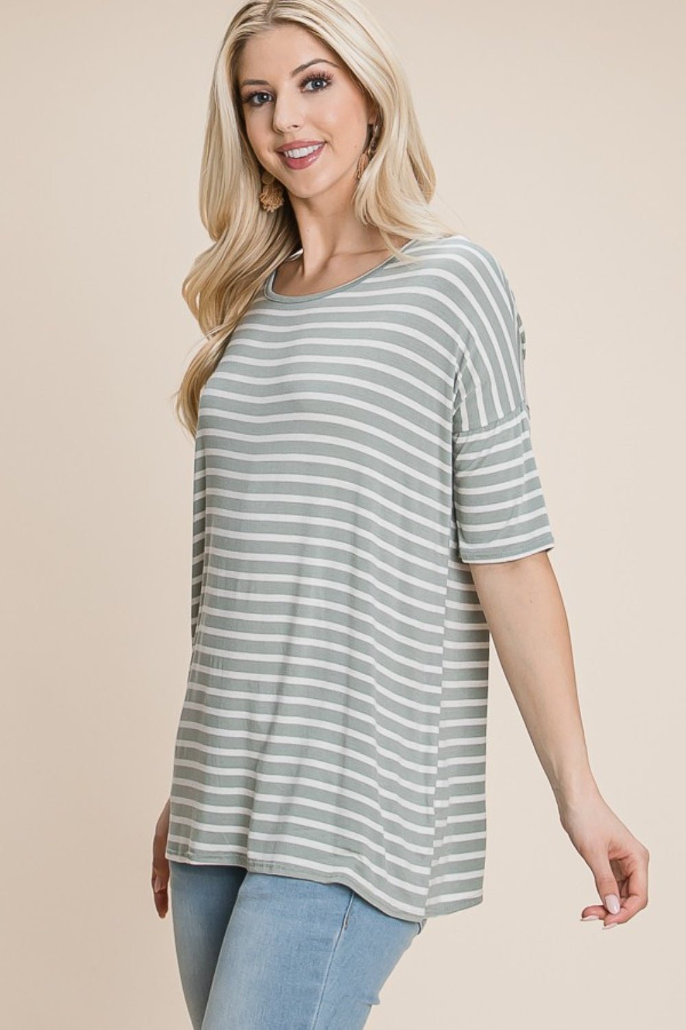 BOMBOM Striped Round Neck T - Shirt - Admiresty