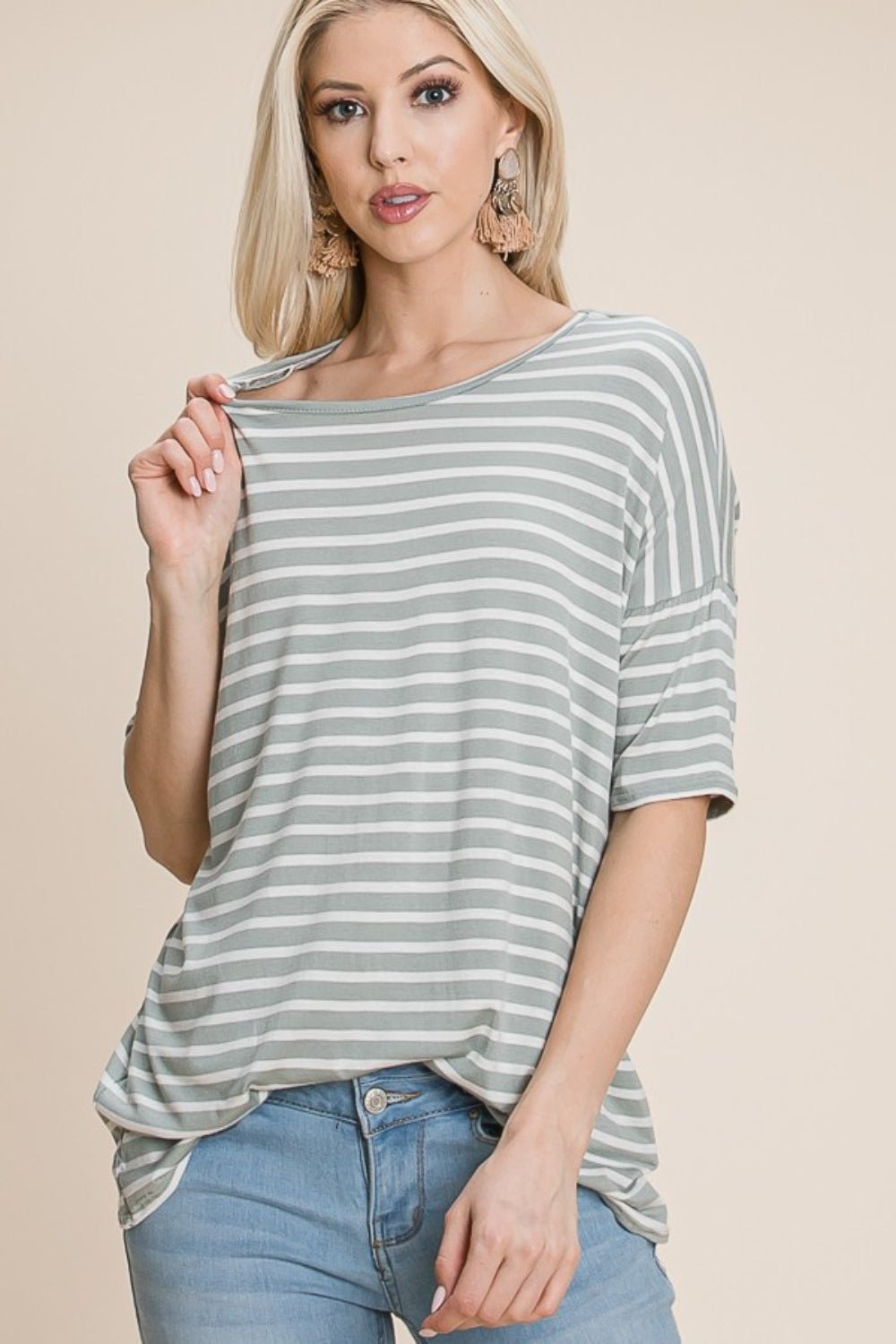 BOMBOM Striped Round Neck T - Shirt - Admiresty