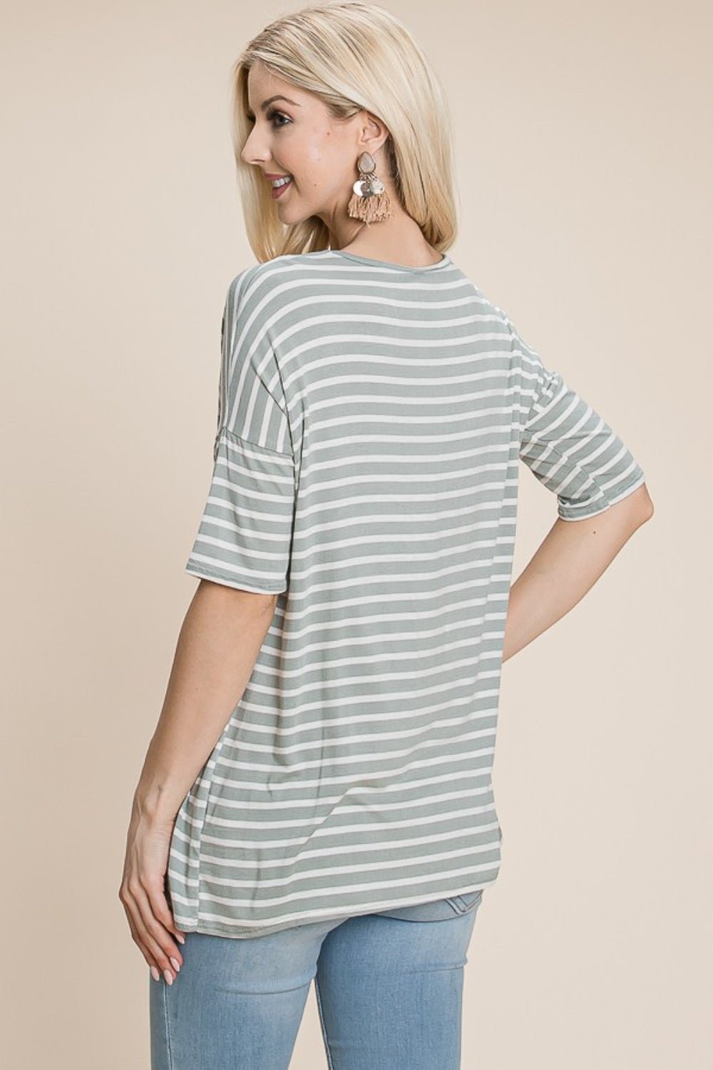 BOMBOM Striped Round Neck T - Shirt - Admiresty