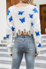 Butterfly Distressed Dropped Shoulder Sweater - Admiresty