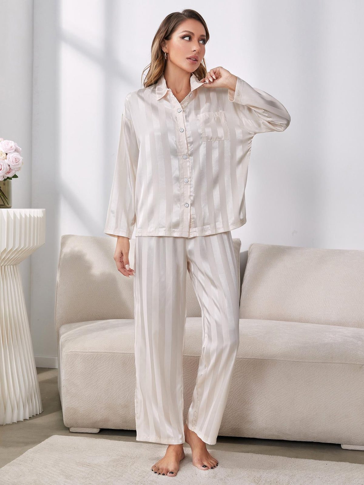 Button - Up Shirt and Pants Pajama Set - Admiresty