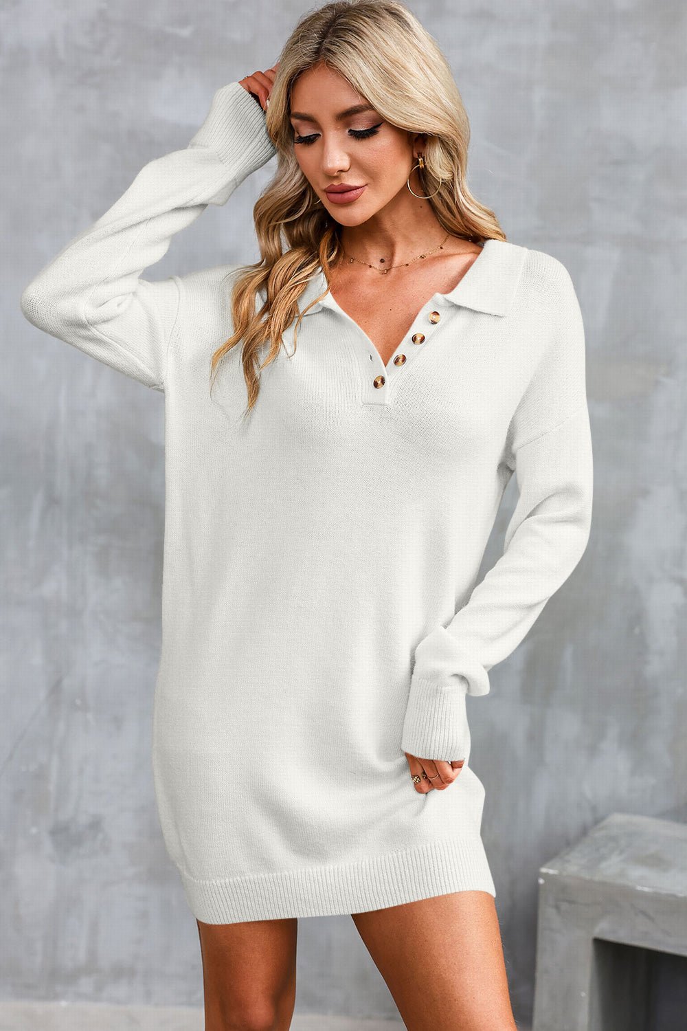 Buttoned Long Sleeve Sweater Dress - Admiresty