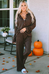 Buttoned Long Sleeve Top and Long Pants Lounge Set - Admiresty