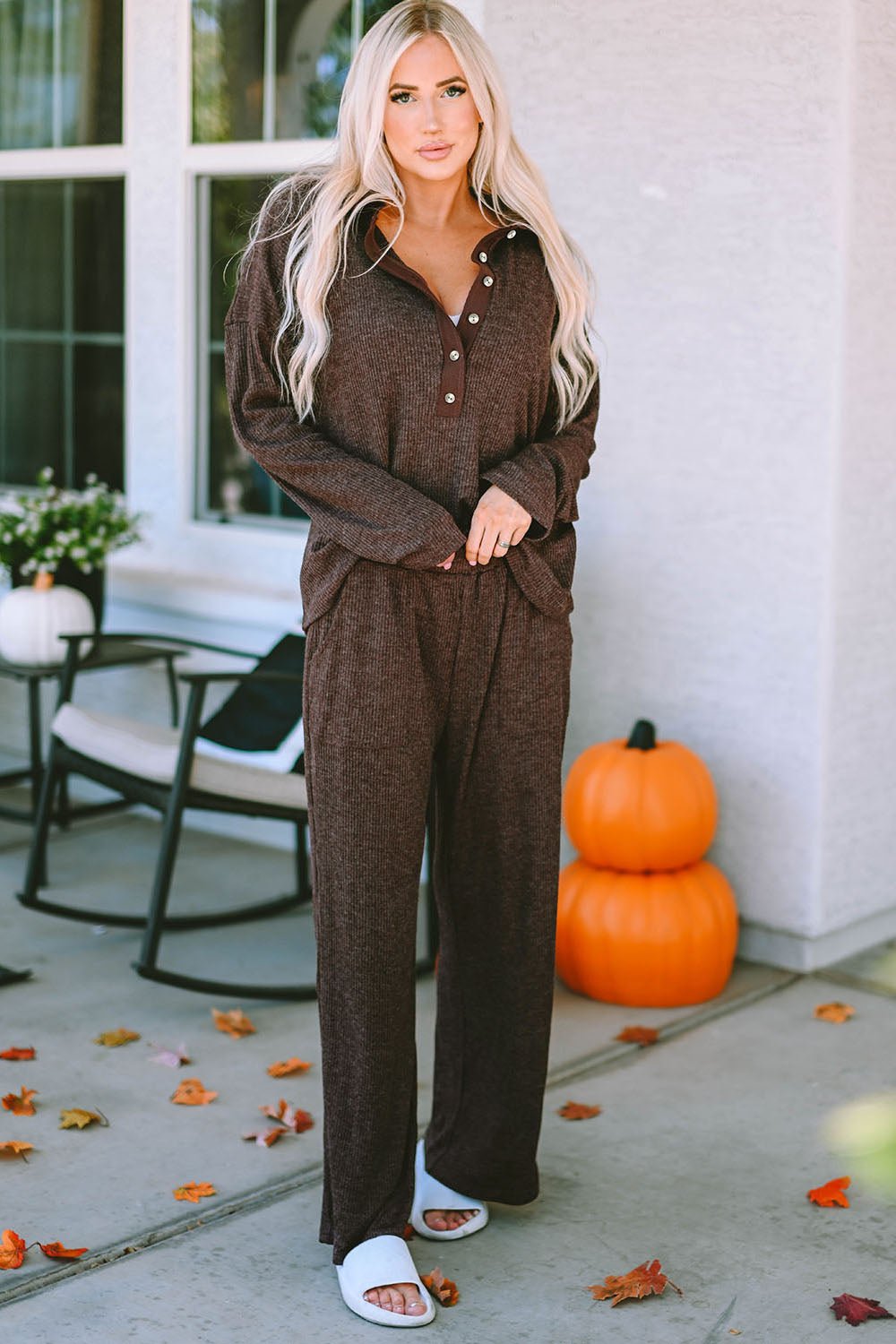 Buttoned Long Sleeve Top and Long Pants Lounge Set - Admiresty