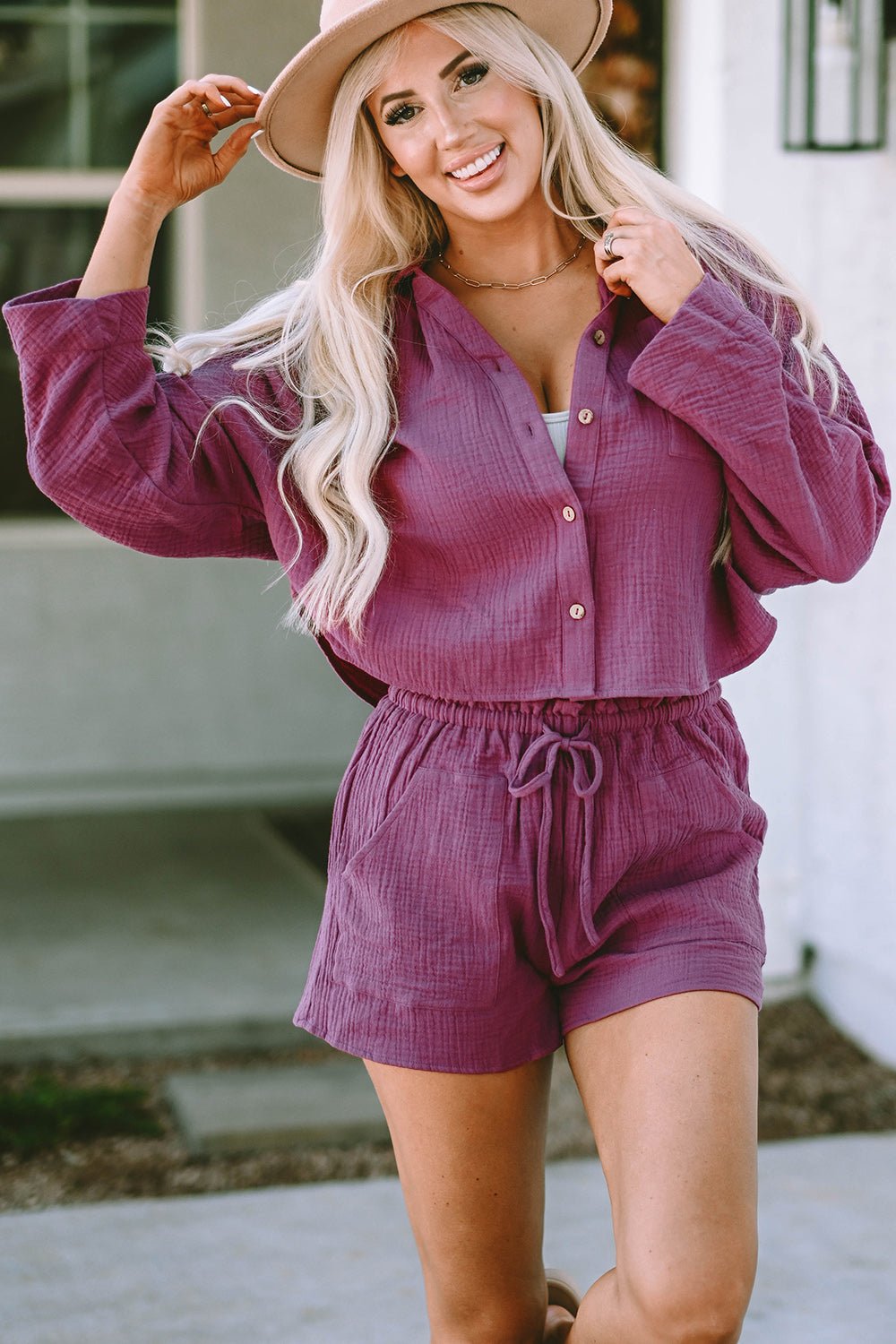 Buttoned Long Sleeve Top and Shorts Set - Admiresty