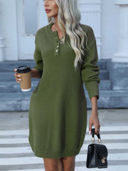 Buttoned Round Neck Long Sleeve Sweater Dress - Admiresty