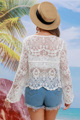 Buttoned Sheer Lace Cover Up - Admiresty