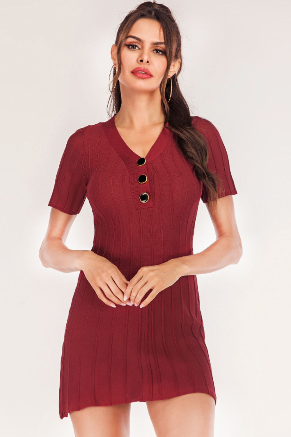 Buttoned Short Sleeve V - Neck Knit Dress - Admiresty