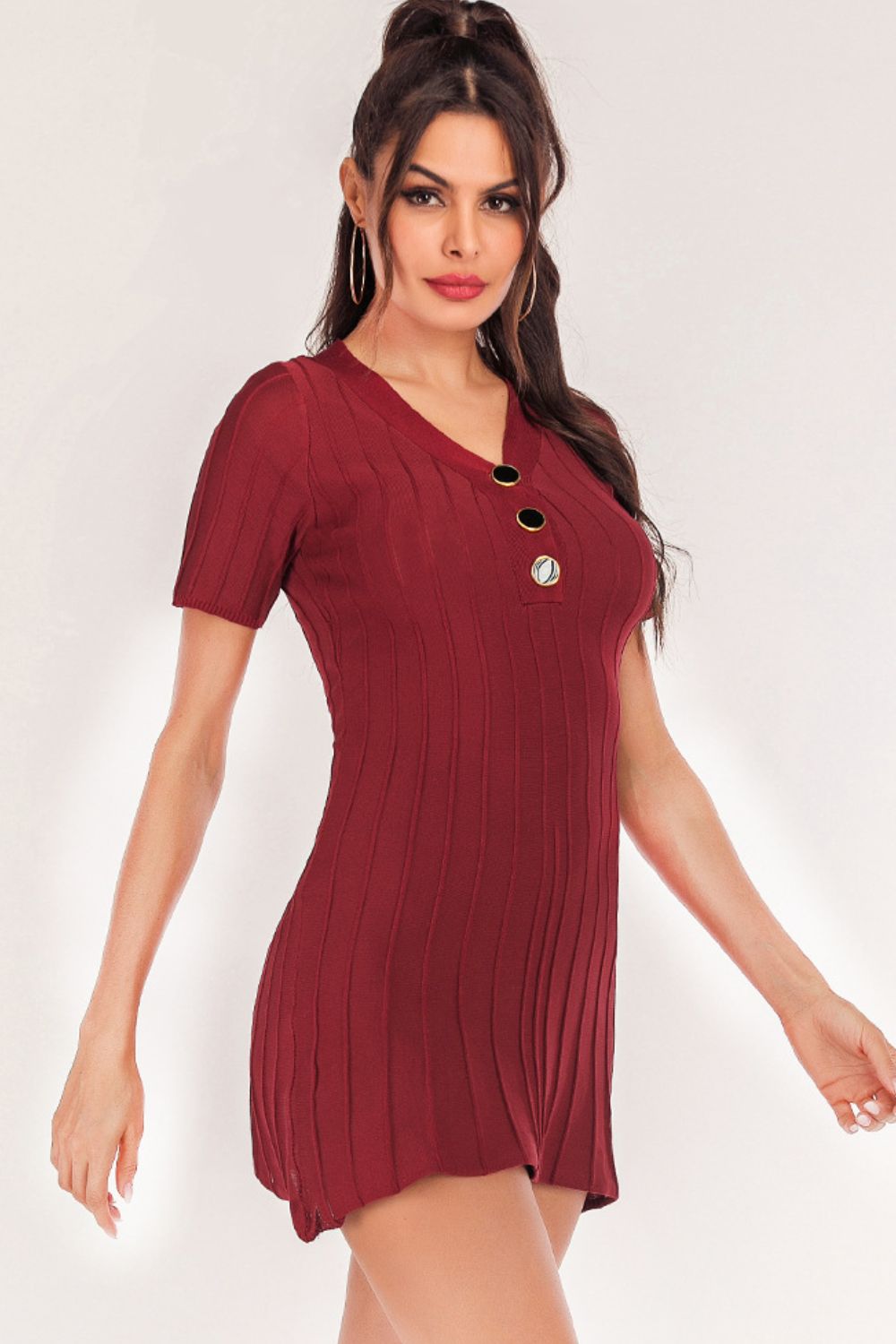 Buttoned Short Sleeve V - Neck Knit Dress - Admiresty