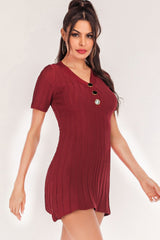 Buttoned Short Sleeve V - Neck Knit Dress - Admiresty