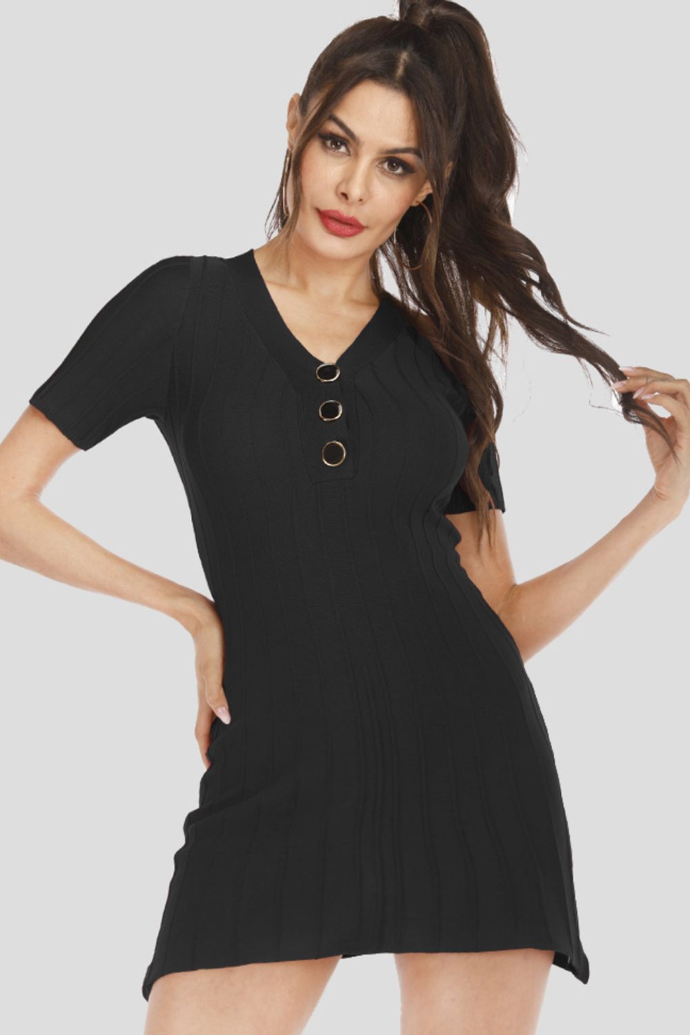 Buttoned Short Sleeve V - Neck Knit Dress - Admiresty