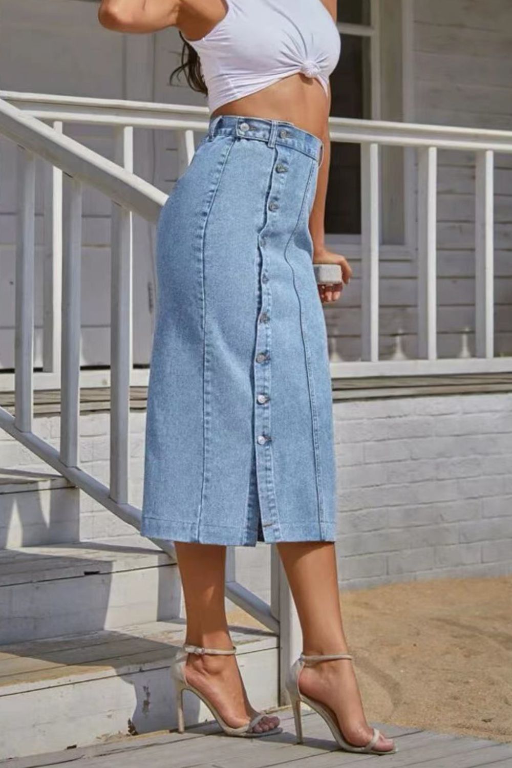 Buttoned Split Denim Skirt - Admiresty