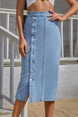 Buttoned Split Denim Skirt - Admiresty