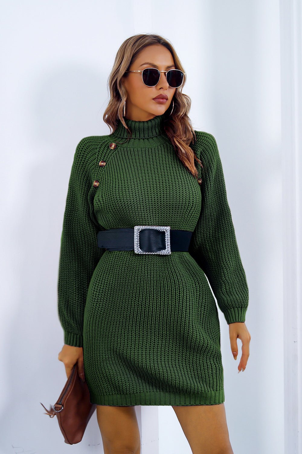 Buttoned Turtleneck Long Sleeve Sweater Dress - Admiresty