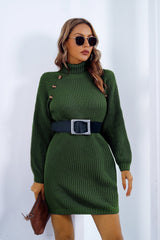 Buttoned Turtleneck Long Sleeve Sweater Dress - Admiresty