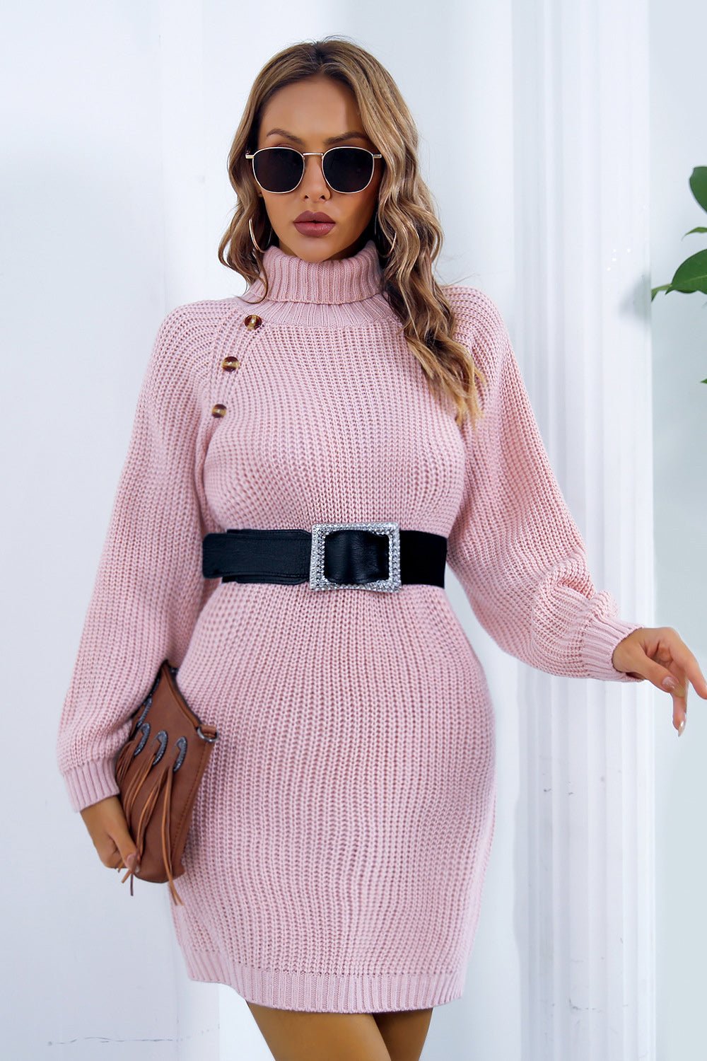 Buttoned Turtleneck Long Sleeve Sweater Dress - Admiresty