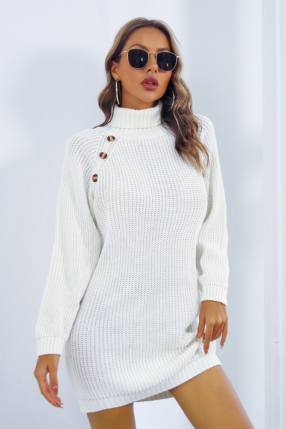 Buttoned Turtleneck Long Sleeve Sweater Dress - Admiresty